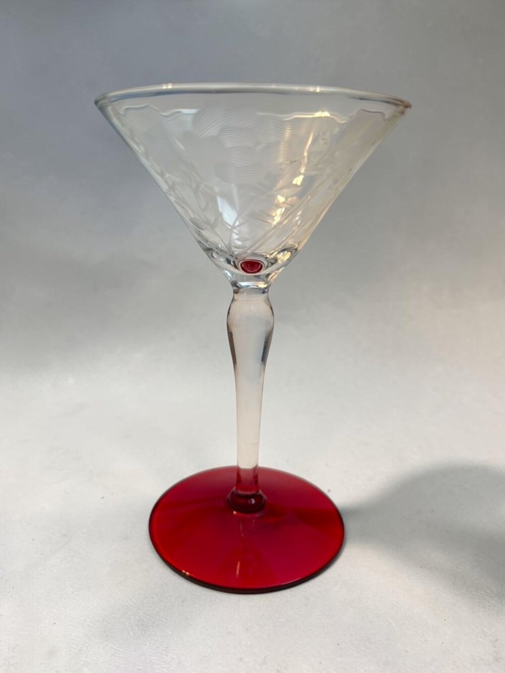 Vintage Etched Crystal Martini Glass With Ruby Red Base Floral Design Elegant Ba